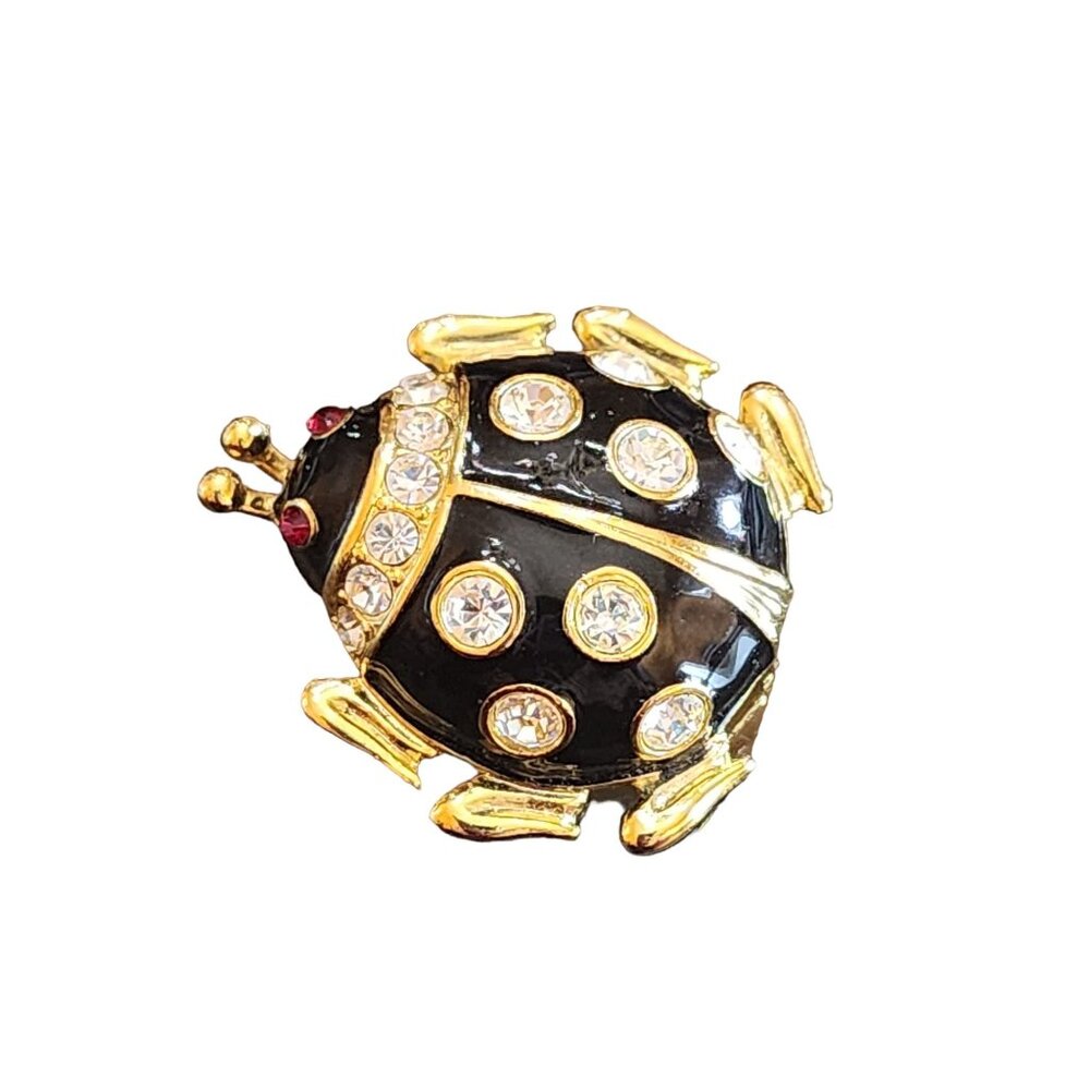 Vintage 80s Signed Casual Corner Rhinestone Enamel Ladybug Brooch (A1674)